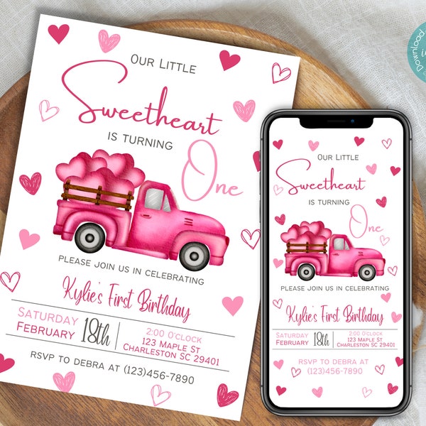 Our Little Sweetheart Is Turning One Invitation Template |  Valentine's Day Birthday Party Invitation | First Birthday Valentine's Party