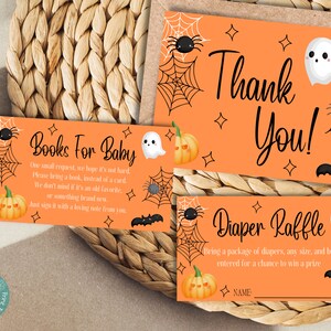 Paquete de tarjetas de baby shower de Halloween / Libros de Halloween para bebé / Rifa de pañales de Halloween / Tarjeta de agradecimiento de Halloween / Baby Shower de Halloween