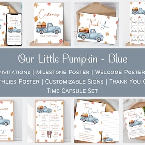 Il nostro piccolo pacchetto di compleanno di zucca compie un anno / Pacchetto di compleanno autunnale del camion blu / Pacchetto di modelli per il primo compleanno autunnale del bambino