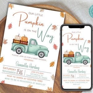 Our Little Pumpkin Is On The Way Baby Shower Invitation Template | Neutral Fall Baby Shower Invitation | Green Autumn Baby Shower Invitation