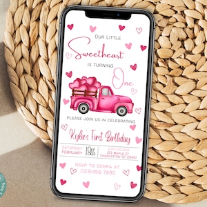 Our Little Sweetheart Is Turning One Phone Invitation Template |  Valentine&#39;s Day Birthday Party Invite | First Birthday Valentine&#39;s Invite