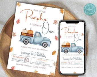 Our Little Pumpkin Is Turning One Birthday Invitation Template | Fall Birthday Party Invitation | Blue Truck Autumn Birthday Party Invite
