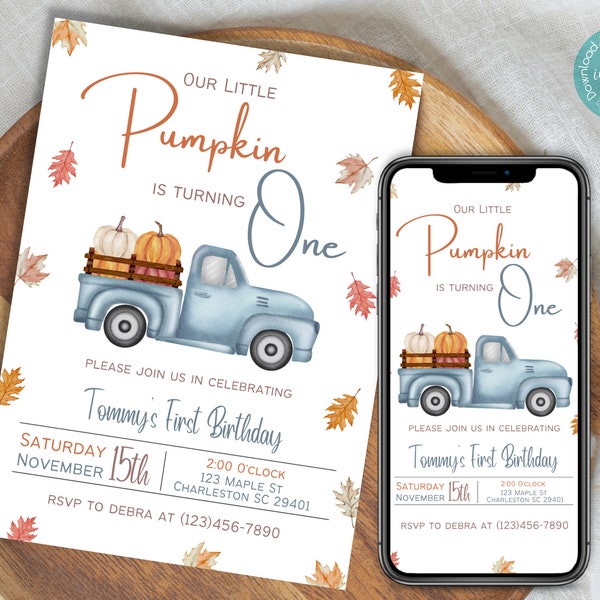 Our Little Pumpkin Is Turning One Birthday Invitation Template | Fall Birthday Party Invitation | Blue Truck Autumn Birthday Party Invite