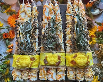 Ensemble de bougies rituelles à base de plantes, bougies de lune, bougies d'autel, bougies magiques, bougies de cire de soja jaunes