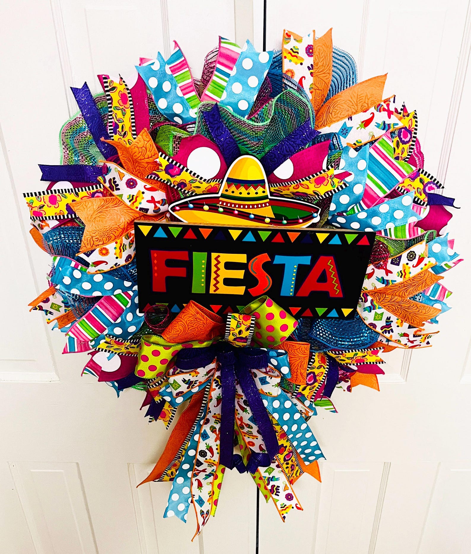 Fiesta Rope Vibrant Fiesta Wreath, Bright Mesh and Ribbons, Bold FIESTA Sign With ...