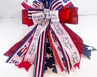 Patriotic Wreath Bow, Red White Blue Stars & Stripes, 4th of July Decor