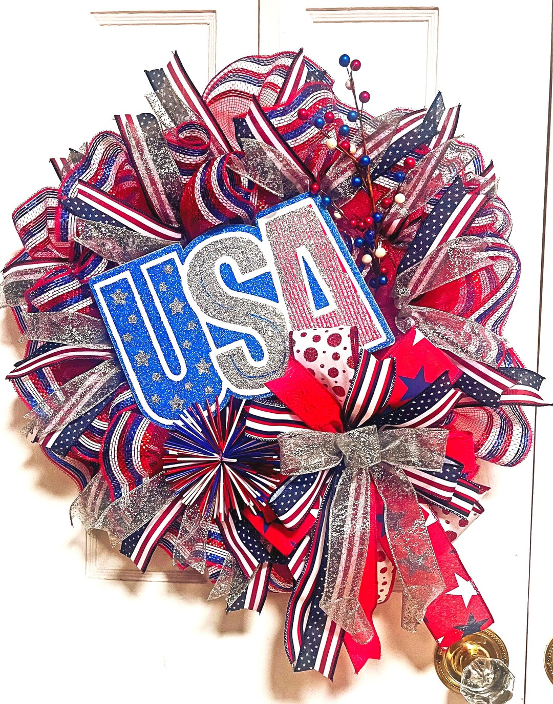 USA Patriotic Wreath, Red White Blue Deco Mesh Wreath With Glitter Sign ...