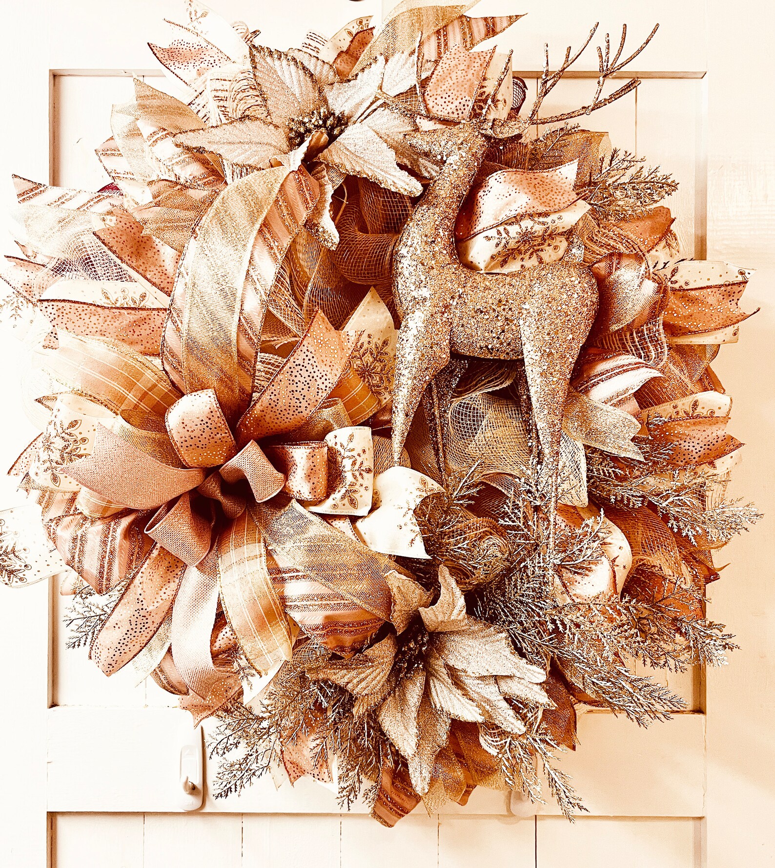 Rose Gold Christmas Wreath - Glitter Deer & Poinsettias, Holiday Decor ...