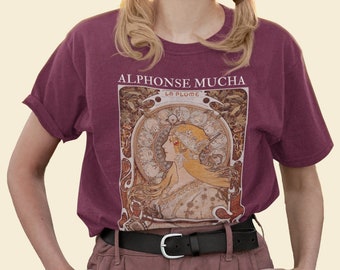 Art Nouveau Vintage Aesthetic Artsy Alphonse Mucha Famous Painting Shirt printed on 100% Cotton Comfort Colors Navy T-Shirt