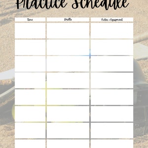 Puede incluir: Un horario de práctica imprimible con columnas para la hora, los ejercicios y las notas o el equipo. El horario está sobre un fondo beige con un guante de béisbol y un bate en el fondo.