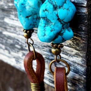 Latigo Leather & Turquoise Magnesite Fringe Earrings - Extra Long Tassels - Southwestern, Cowgirl, Boho, Western Style