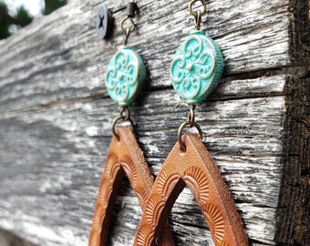 Large Teardrop Leather Earrings - Hand Tooled Genuine Leather - Customizable - Bohemian, Western, Cowgirl Design