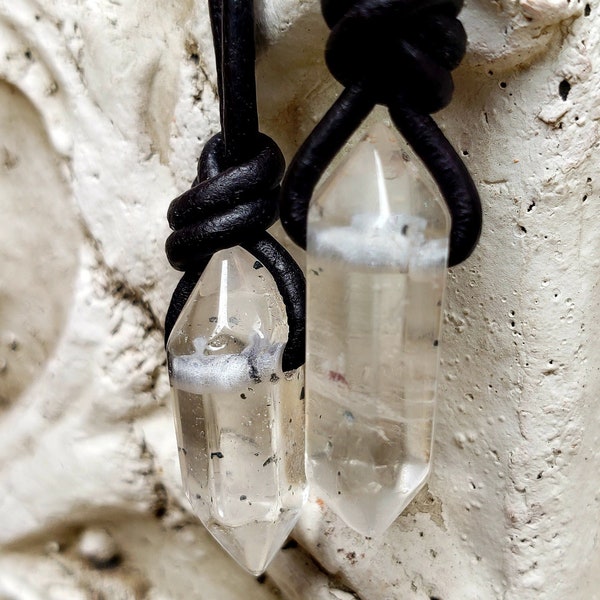 Tibetan Black Spot Quartz - Double Point Pendants - Various Sizes - Select Crystal and Leather Cord - Purify, Energize, and Cleanse