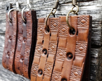 Southwestern Leather Earrings - Hand-tooled Ornate Design - Boho, Cowgirl, Western, Rodeo Style