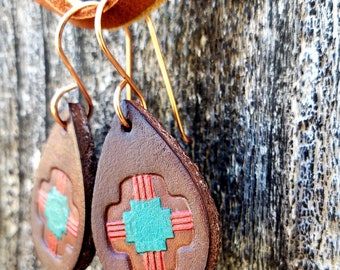 Navajo Teardrop Leather Earrings - Hand Tooled - Southwestern, Boho, Western, Cowgirl, Rodeo Jewelry