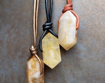 Chunky Citrine Double Terminated Necklaces - Various Sizes - Select Crystal & Leather Cord to Customize - Wealth, Abundance, and Prosperity