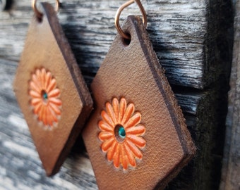 Daisy Leather Dangle Earrings - Hand Tooled - Dainty - Western, Cowgirl, Boho Style