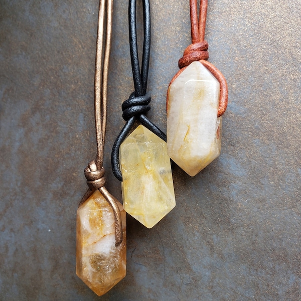 Chunky Citrine Double Terminated Necklaces - Various Sizes - Select Crystal & Leather Cord to Customize - Wealth, Abundance, and Prosperity