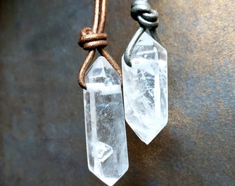 Clear Quartz Double Point Pendants - Various Sizes - Select Crystal & Leather Cord Color to Customize