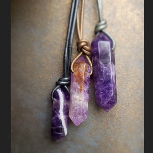 Genuine Amethyst and Amethyst with Citrine Inclusions Double Point Pendants - Various Sizes - Select Crystal & Leather Cord to Customize