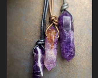 Genuine Amethyst and Amethyst with Citrine Inclusions Double Point Pendants - Various Sizes - Select Crystal & Leather Cord to Customize