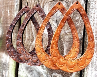 Western Earrings - Large Teardrop - Hand Tooled Leather - Golden Tan or Espresso Brown- Southwest, Rodeo, Cowgirl Jewelry