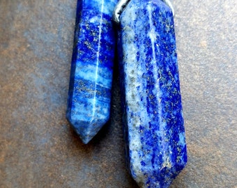 Natural Lapis Lazuli Double Point Pendants - Various Sizes - Select Your Crystal and Leather Cord - For Protection, Calmness, and Intuition