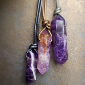 Amethyst and Amethyst w/Citrine Double Point Pendant Necklaces | Personalize by Selecting Your Crystal and Leather Cord