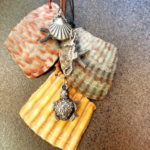 Natural Seashell Necklace w/Charms - Hand Picked from Orange Beach, Alabama - Adjustable Genuine Leather Cord - Customize Charms