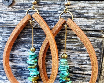 Latigo Leather & Genuine Turquoise Drop Earrings -  Customize by Selecting Leather Color and Metals - Southw, Boho, Cowgirl, Rodeo Style