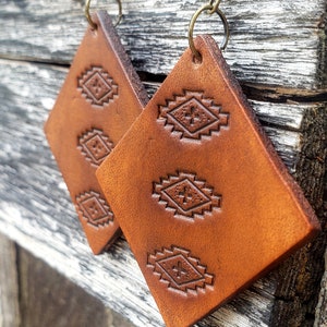 Aztec Leather Dangle Earrings - Hand Tooled - Southwestern, Cowgirl, Rodeo, Boho Style