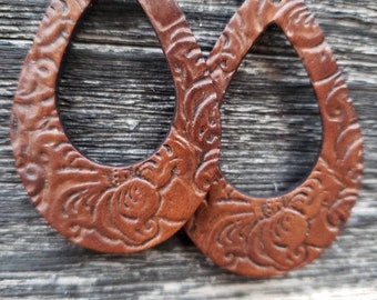 Western Leather Teardrop Earrings - Hand Tooled - Sheridan Style - Southwest, Rodeo, Boho Jewelry