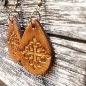 Ornate Cross Leather Earrings - Hand Tooled and Dyed - Boho, Western Style