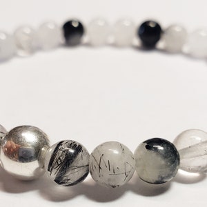 Tourmalinated Clear Quartz & Sterling Silver Bracelet - 6, 8, or 10MM Beads - Customize Size - Invite Positive Energy and Protection