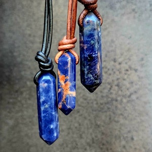 Sodalite and Sunset Sodalite Double Point Pendant Necklaces | Select Your Crystal & Leather Cord to Customize | Calm, De-stress, and Balance