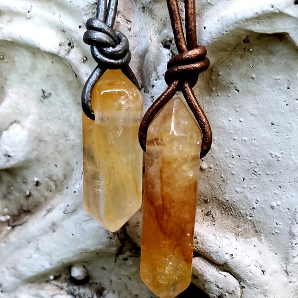 Natural Citrine Double Point Pendants - Various Sizes - Select Your Crystal and Leather Cord To Customize - Invite Happiness and Abundance