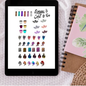 May include: Digital art print on a tablet featuring various potted plants, vases, and floral designs. The text "Everything is Coming Up Roses" is displayed. A notebook with a floral design and a woven mat are also visible.