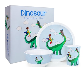 Ensemble de vaisselle dinosaure illustré à la main, grandes assiettes pour enfants, bols pour enfants, tasses pour enfants, service de table en plastique pour grands enfants, cadeau idéal pour un 3e anniversaire