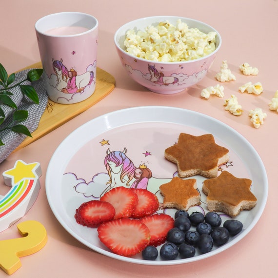 Set di piatti per bambini unicorno, stoviglie gratuite per bambini in  melamina BPA per bambini, stoviglie per bambini, piatti per bambini ciotole  e tazze, set di stoviglie per bambini -  Italia