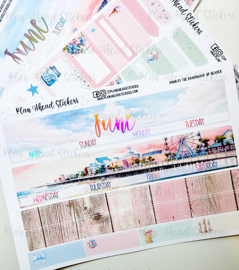 FOILED June Monthly Headers: Down by the Boardwalk Planner Stickers (1. ...