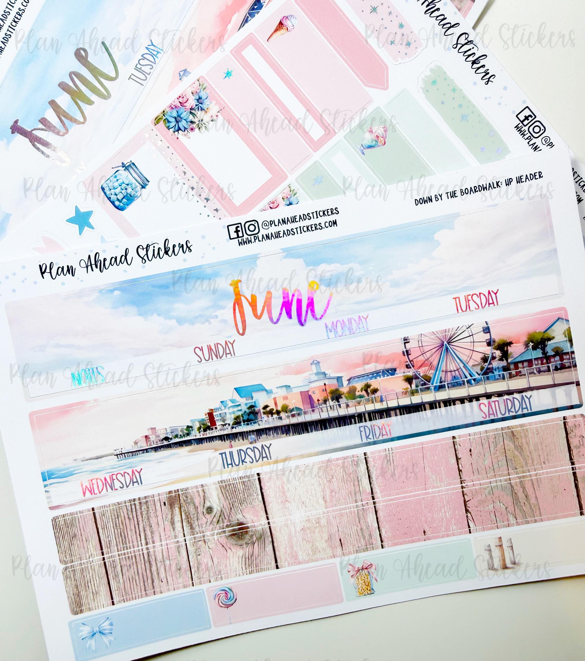 June Header Grad FOILED June Monthly Headers: Down by the Boardwalk Planner Stickers (1. ...