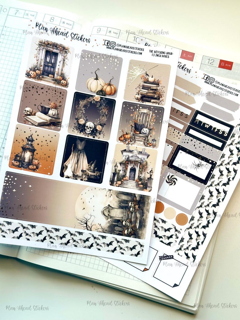 May include: A set of Halloween themed planner stickers featuring images of a spooky house, a witch's cauldron, a graveyard, bats, and a skull. The stickers are printed on white paper and have a matte finish. The stickers are 1.5 inches in size.