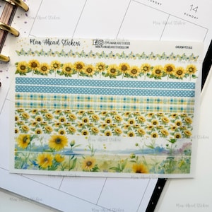 Adesivos de borda de tira washi fosco de pétalas douradas aquarela diário de marcadores planejador scrapbook cartão fazendo girassóis de verão maio junho julho
