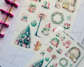 May include: A sheet of Christmas-themed stickers featuring illustrations of a snowman, a gingerbread man, a Christmas tree, a wreath, a gift, a candle, a window, and a sweater. The stickers are on a white background and have a watercolor-like style.