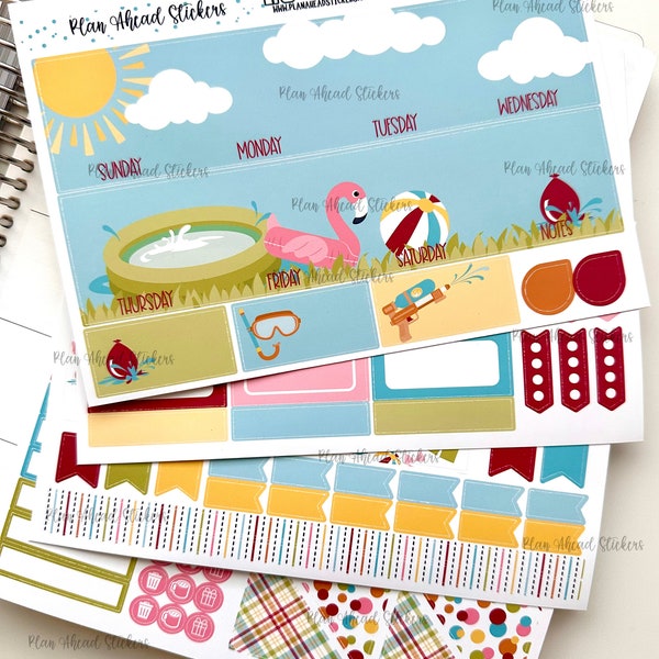 Erin Condren Made to Fit June July August Summer Monthly Planner Sticker Kit Backyard Fun Swimming Water Balloons