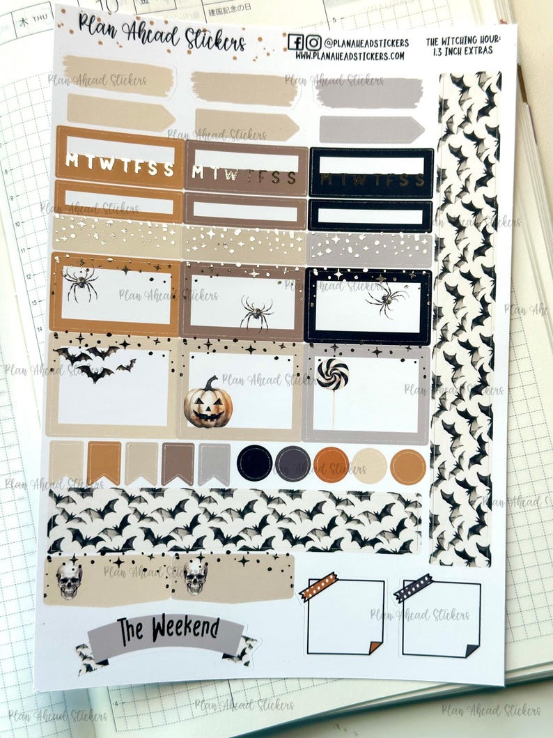 May include: A set of Halloween themed planner stickers featuring bats, spiders, pumpkins, and candy corn. The stickers are in various colors, including black, orange, brown, and white. The stickers are designed to be used in a planner or journal.