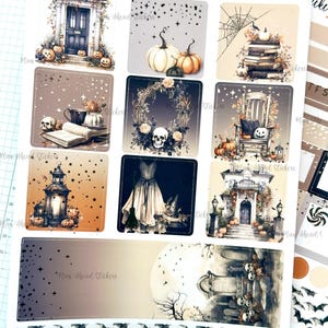May include: A set of nine Halloween-themed stickers featuring images of a door, pumpkins, a skull, a rocking chair, a lantern, a witch, a house, a graveyard, and bats. The stickers are printed on clear, glossy paper and are perfect for adding a spooky touch to your planner, journal, or other craft projects.