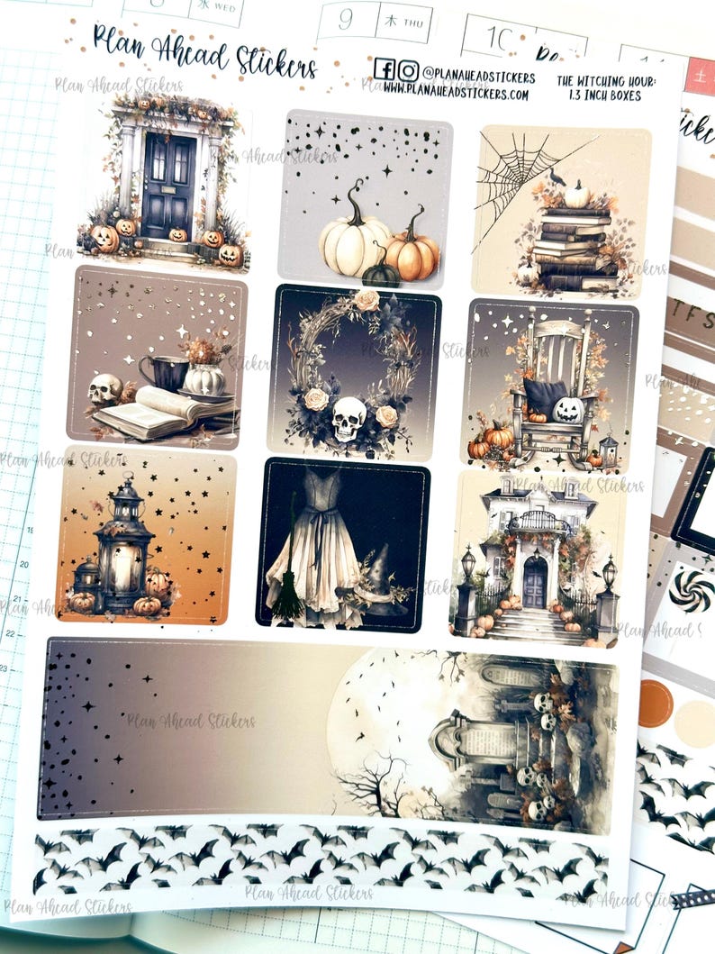 May include: A set of nine Halloween-themed stickers featuring images of a door, pumpkins, a skull, a rocking chair, a lantern, a witch, a house, a graveyard, and bats. The stickers are printed on clear, glossy paper and are perfect for adding a spooky touch to your planner, journal, or other craft projects.