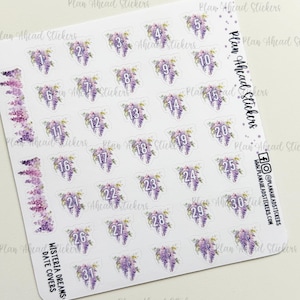 May include: Sheet of stickers with date covers. Each sticker features a number from 1 to 31, surrounded by a purple wisteria floral design. The text "Wisteria Dreams: Date Covers" is printed on the sheet.