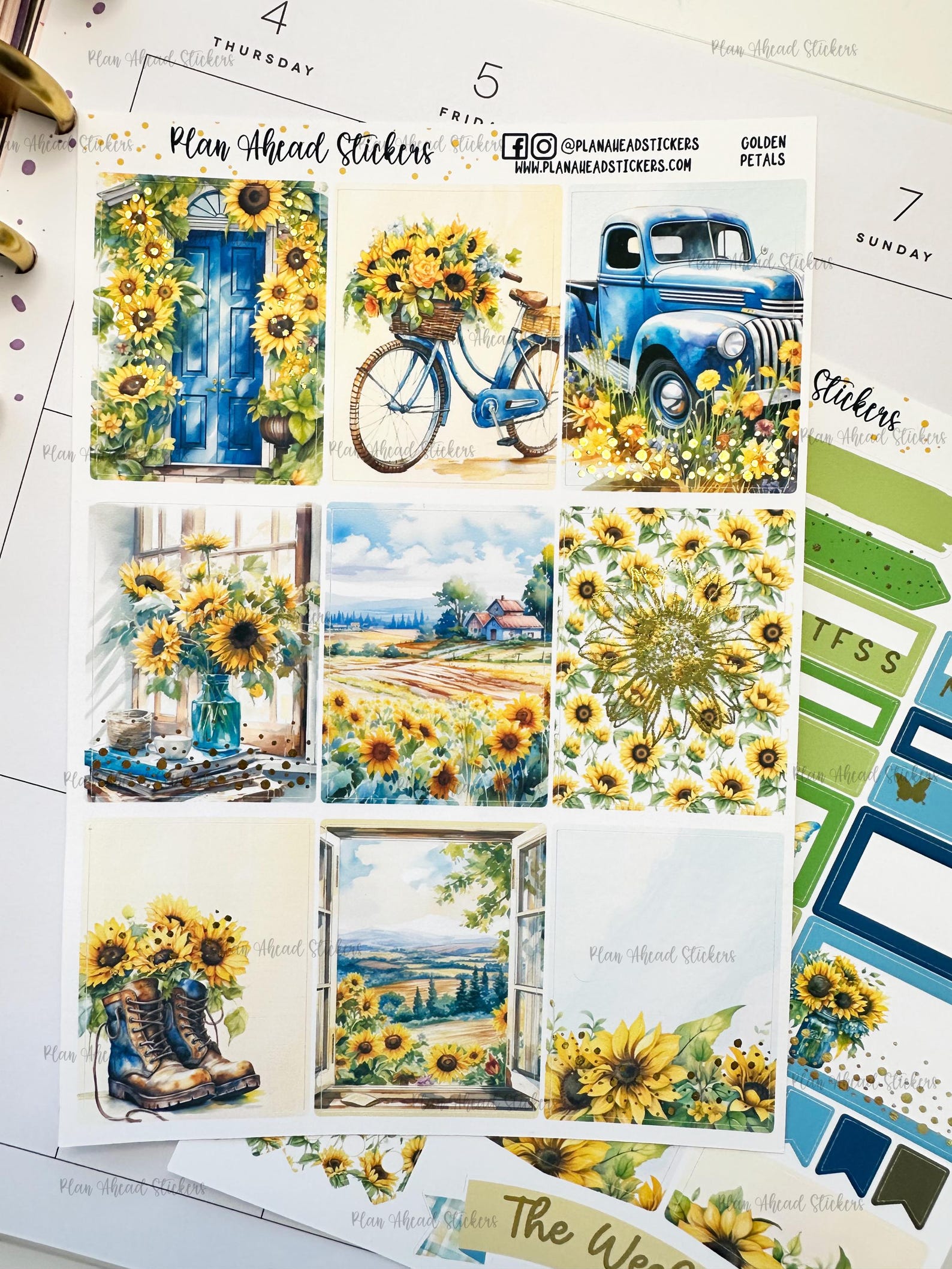 DELUXE FOILED Golden Petals 2 PG Weekly Planner Sticker Kit Sheets Erin ...